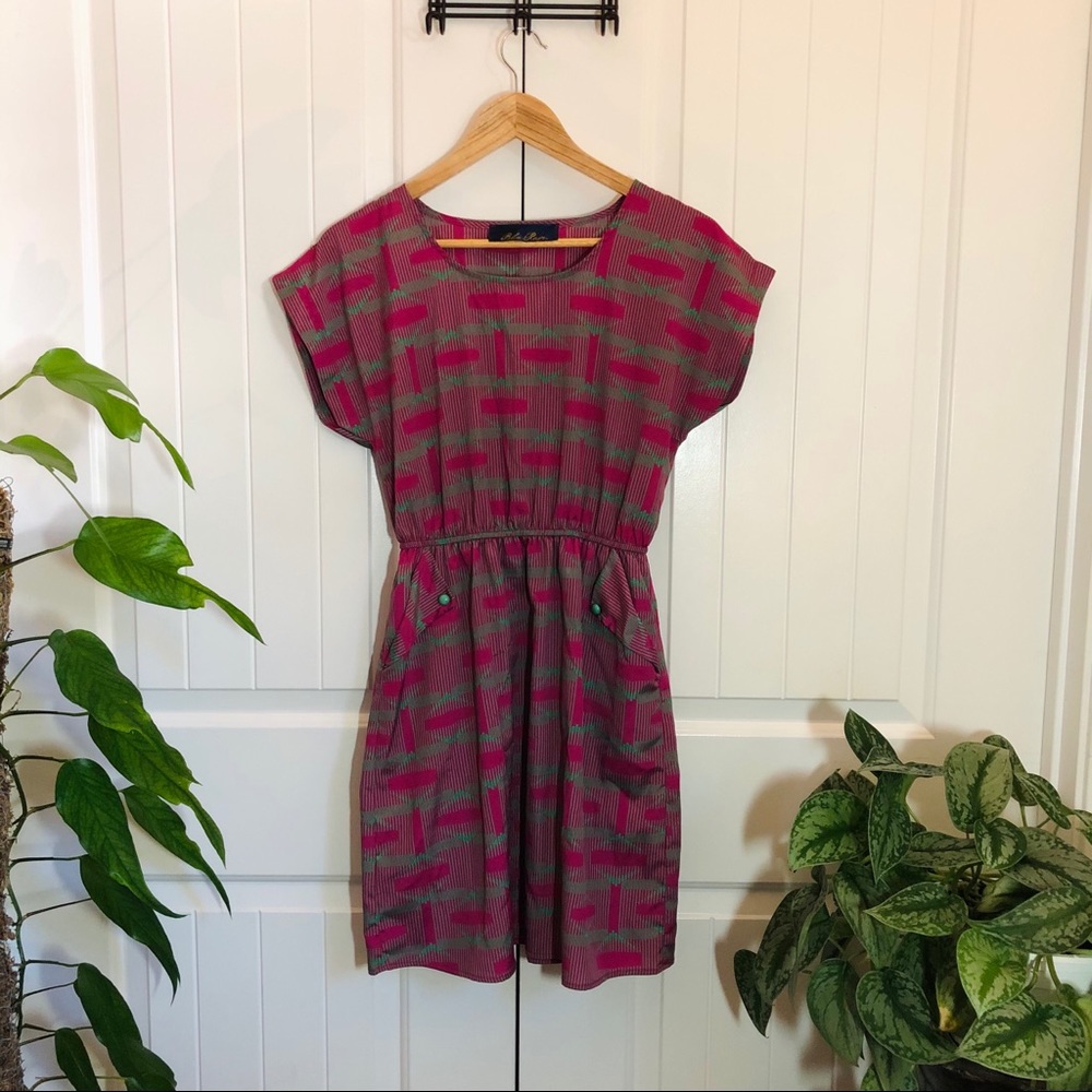 BLUE RAIN 80's influenced print, fitted dress M